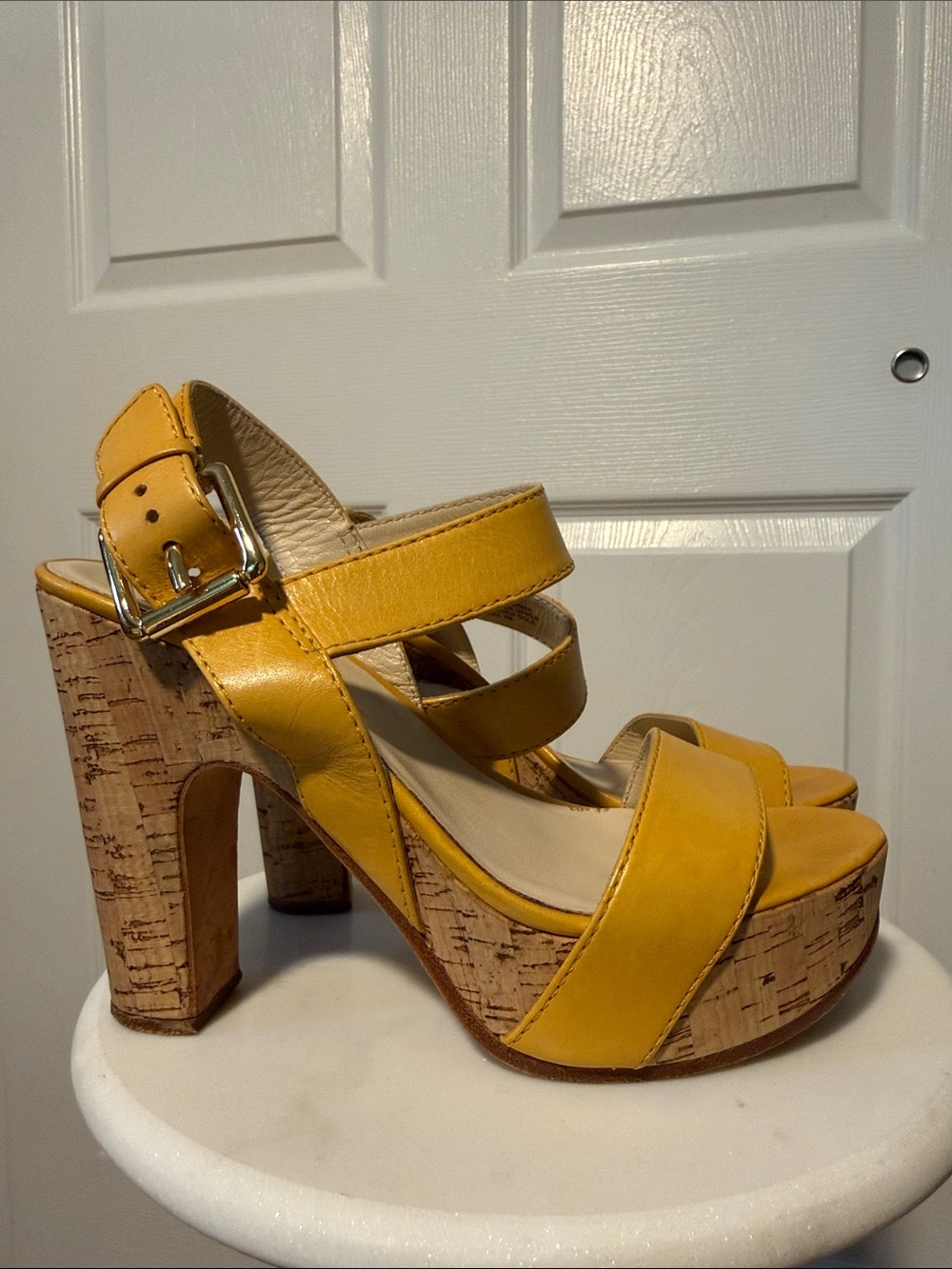 Kors Michael Kora Yellow Mustard Platform Cork Heel Sandals Size 6